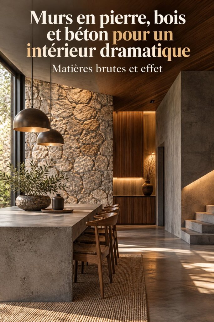 Salle de bain avec des murs en pierre et béton créant une ambiance chaleureuse