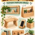 Un ensemble d'objets en bois faits maison dans une salle de bain