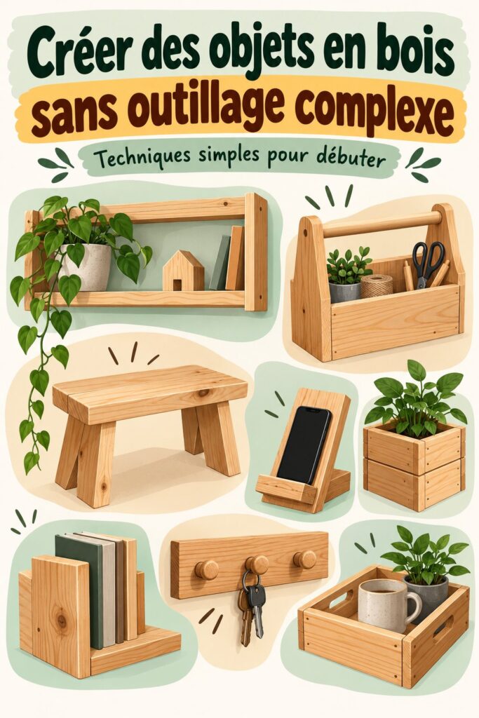 Un ensemble d'objets en bois faits maison dans une salle de bain