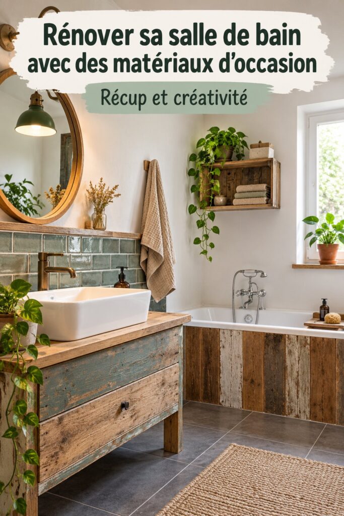 Exemple d'une salle de bain rénovée avec des matériaux d'occasion, mettant en avant une décoration chaleureuse et unique.