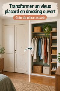 Vieux meuble transformé en dressing ouvert dans une chambre moderne.
