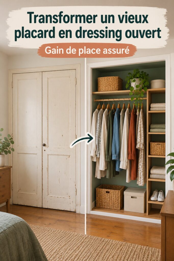 Vieux meuble transformé en dressing ouvert dans une chambre moderne.