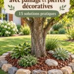 Un jardin avec des arbres valorisés par du paillage et des pierres décoratives.