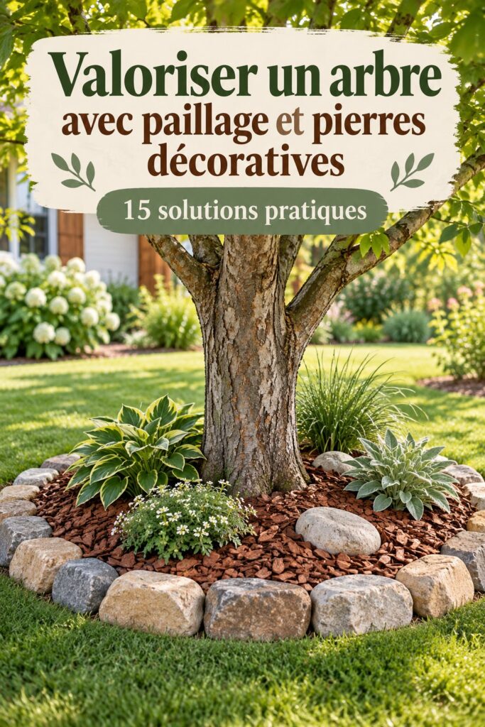 Un jardin avec des arbres valorisés par du paillage et des pierres décoratives.